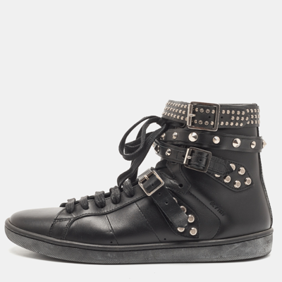Pre-owned Saint Laurent Black Leather Studded High Top Sneakers Size 38
