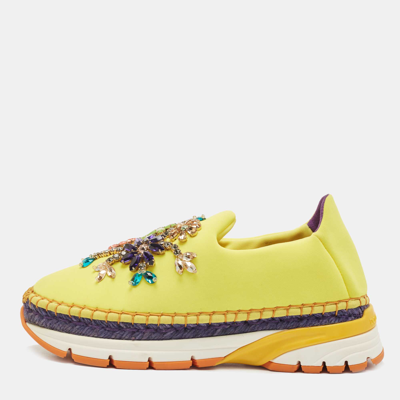 Pre-owned Dolce & Gabbana Yellow Neoprene Barcelona Embellished Slip On Sneakers Size 38