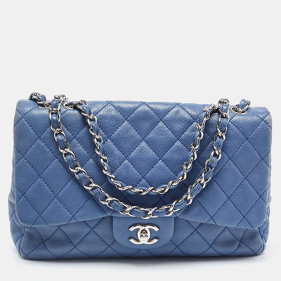 Pre-owned Chanel Blue Quilted Caviar Leather Jumbo Classic Single Flap Bag