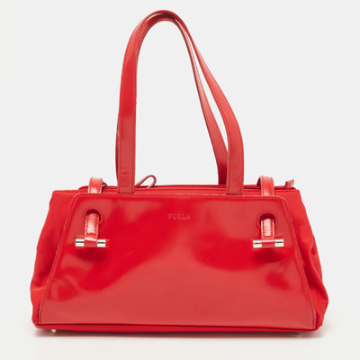 Pre-owned Furla Red Gloss Leather And Fabric Shoulder Bag