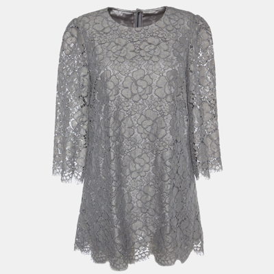 Pre-owned Dolce & Gabbana Grey Floral Corded Lace Three Quarter Sleeve Top M