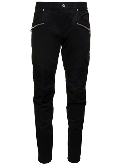 BALMAIN BLACK SLIM CARGO PANTS WITH ZIP AND POCKETS IN STRETCH COTTON MAN