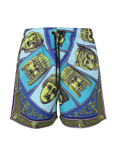 Versace Men's Satin Drawstring Swim Shorts In Acid Green Teal