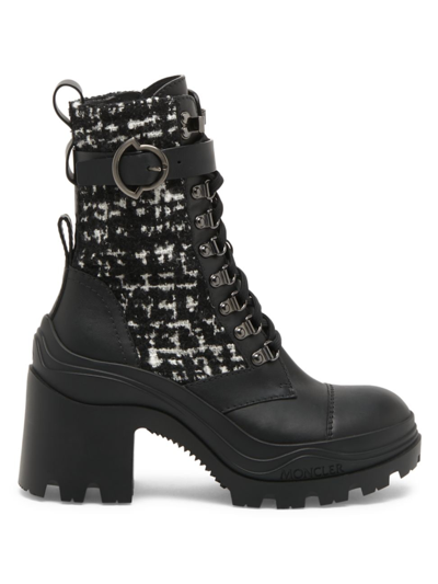 Moncler Women's Envile Leather & Tweed Buckle Ankle Boots In Black