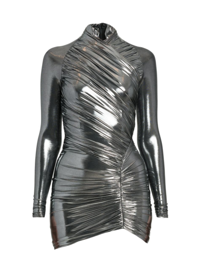 Ferragamo Metallic Ruched Mini Dress In Silver