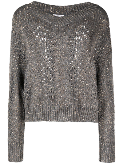 Brunello Cucinelli Sequin-embellished Crochet-knit Jumper In Grey