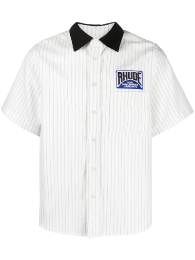 Rhude Logo Patch Stripe Twill Mechanic Shirt In Whiteblack