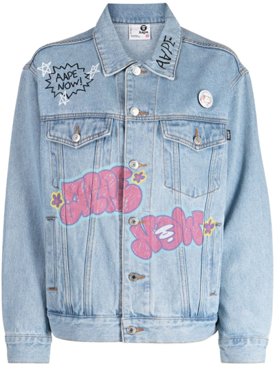 A Bathing Ape Graffiti-print Buttoned Denim Jacket In Blue