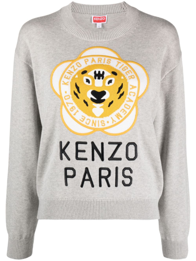 Kenzo Tiger Academy Wool And Cotton Jumper In Pale Grey