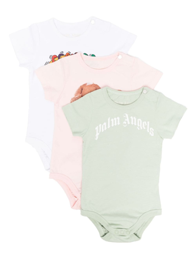 Palm Angels Babies' Logo印花棉连体衣（三件装） In Pink