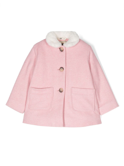 Bonton Kids' Faux-fur Collar Coat In Pink