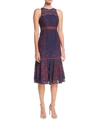 Jonathan Simkhai Sleeveless Fluted-hem Embroidered Lace Dress In Midnight Red