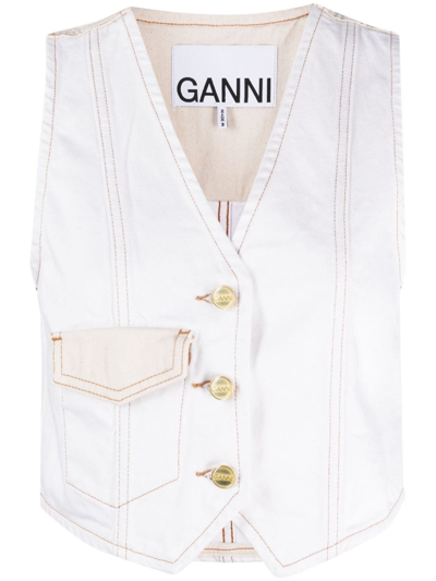 Ganni Contrast-stitching Denim Gilet In White
