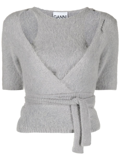 Ganni Layered Brushed-effect Knitted Cardigan In Grau