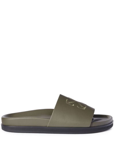 Off-white Arrows-embroidery Leather Slides In Grün