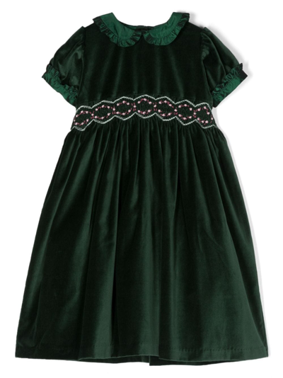 Mariella Ferrari Kids' Ruffled-detail Velvet Cotton Dress In Green
