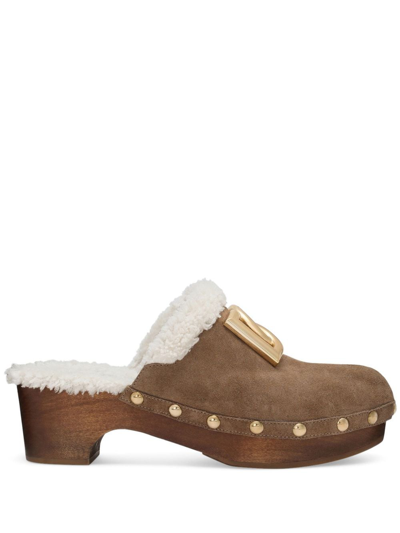 Dolce & Gabbana Suede And Faux Fur Clogs With Dg Logo. In Marrón