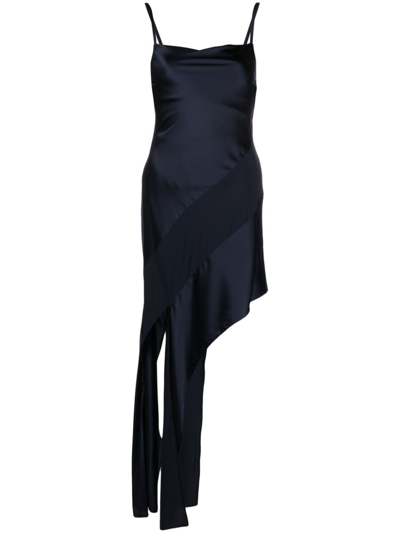 Helmut Lang Slash Asymmetric Crepe-trimmed Stretch-silk Midi Dress In Navy