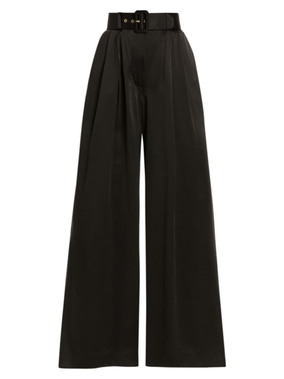 Zimmermann Belted Pleated Silk Wide-leg Pants In Black