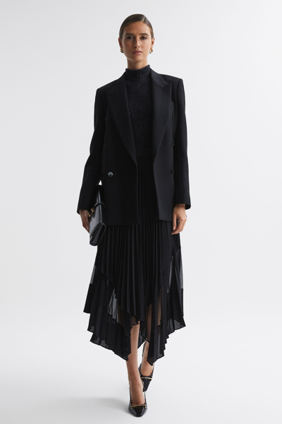 Reiss Dina - Black Pleated Layered Asymmetric Midi Skirt, Us 6