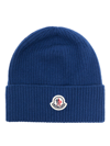 MONCLER BLUE LOGO-PATCH RIBBED-KNIT BEANIE