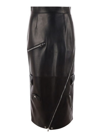 ALEXANDER MCQUEEN LONG BLACK SKIRT WITH ZIP EMBELLISHMENT IN SMOOTH LEATHER WOMAN