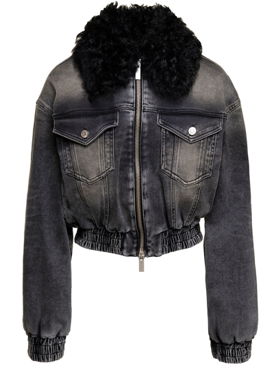 BLUMARINE BLACK JACKET WITH FAUX FUR COLLAR AND LOGO EMBROIDERY IN STRETCH COTTON DENIM WOMAN