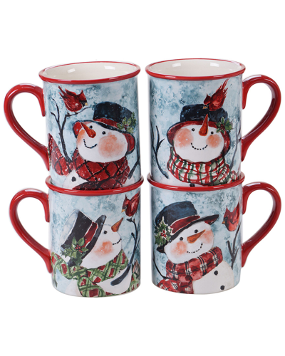 Certified International Set Of 4 Watercolor Snowman Mugs In Blue,white,red