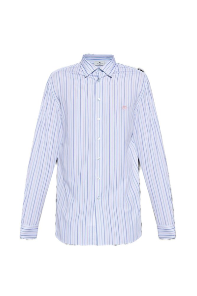 Etro Logo-embroidered Striped Cotton Shirt In Light Blue