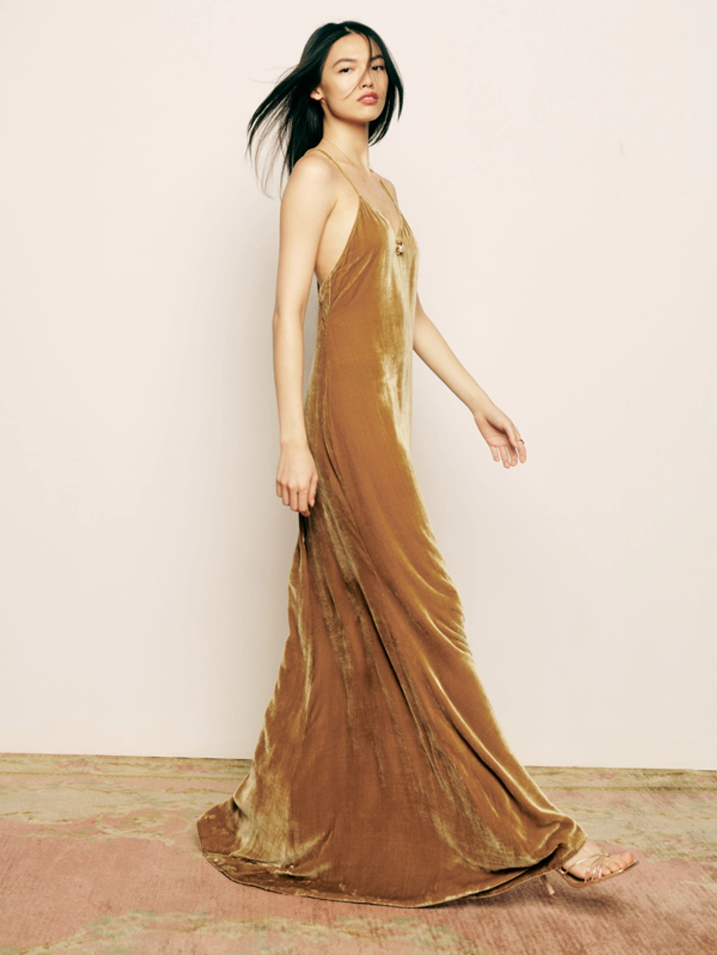 reformation women's gold velvet slip dress Rimini In Halter prom dresses