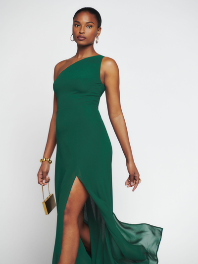 reformation emerald green dress Rent The Breslin Metallic Green Midi Dress By Reformation main image 0