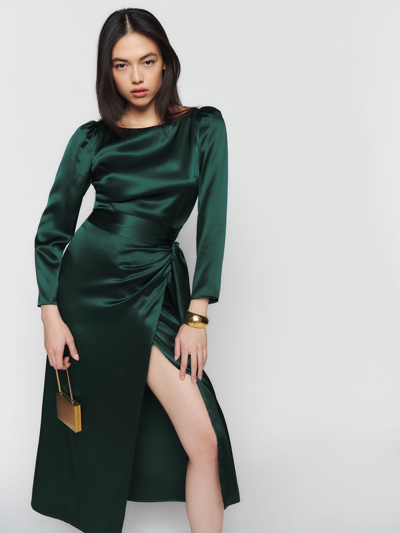 Reformation Cassis Silk Satin Long Sleeve Midi Dress In Green