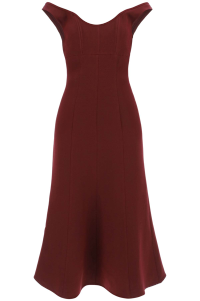 Roland Mouret Off Shoulder Fitted Pleated Midi Dress In Purple