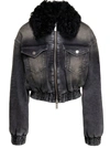 BLUMARINE BLACK JACKET WITH FAUX FUR COLLAR AND LOGO EMBROIDERY IN STRETCH COTTON DENIM WOMAN