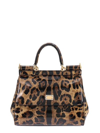 Dolce & Gabbana All-over Animalier Print Patent Leather Handbag In Brown