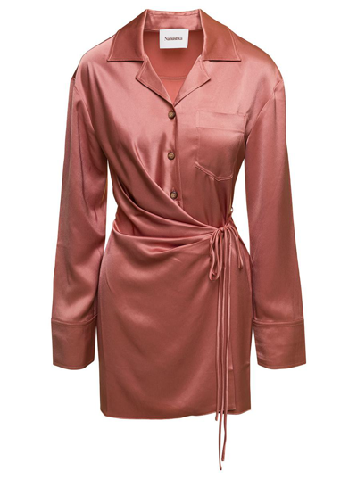 Nanushka Xaviera Satin Button-front Mini Wrap Dress In Brown