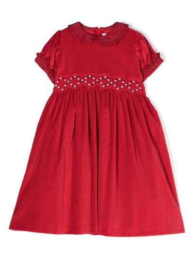 Mariella Ferrari Kids' 荷叶边细节丝绒棉连衣裙 In Red