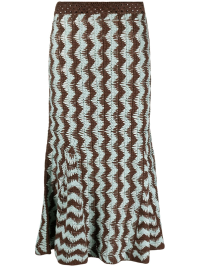 Wales Bonner Zigzag-print Knitted Midi Skirt In Blue