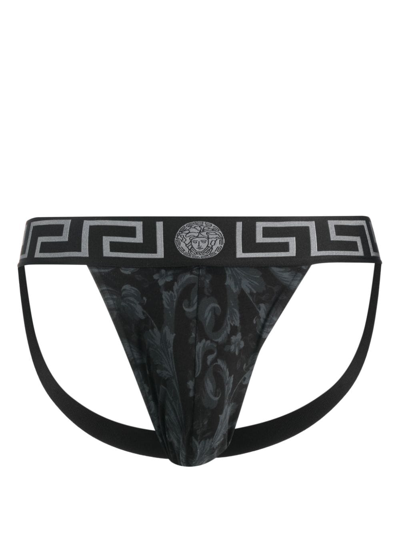 Versace Barocco-print Cotton Jockstrap In Black