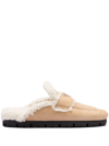 Prada Triangle Logo Shearling Flat Mules In Neutrals