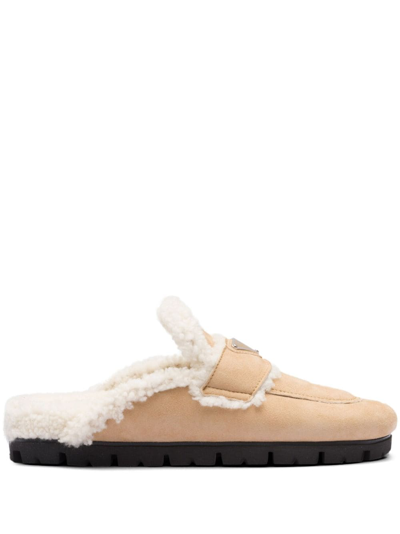 Prada Suede And Shearling Slippers In Ecru