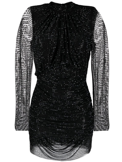Self-portrait Crystal Embellished Ruched Mini Dress In Black