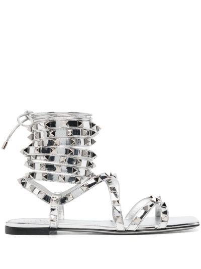 Valentino Garavani Rockstud Gladiator Metallic Leather Sandals In Silver