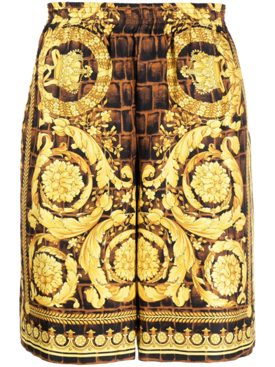 Versace Barocco-print Silk Shorts In Caramel Black Gold