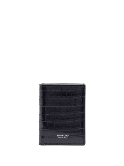 Tom Ford Crocodile-effect Leather Card Holder In Blue