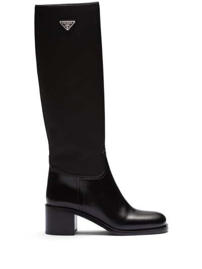 Prada Suede Block-heel Knee Boots In Black