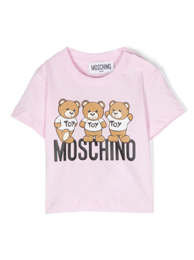 Moschino Baby Teddy Bear Cotton T-shirt In 粉色