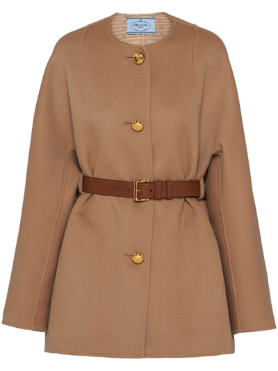 Prada Belted Wool Coat In Brown