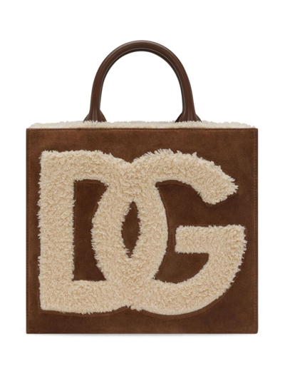 Dolce & Gabbana Logo-embroidered Shearling-detail Bag In Brown