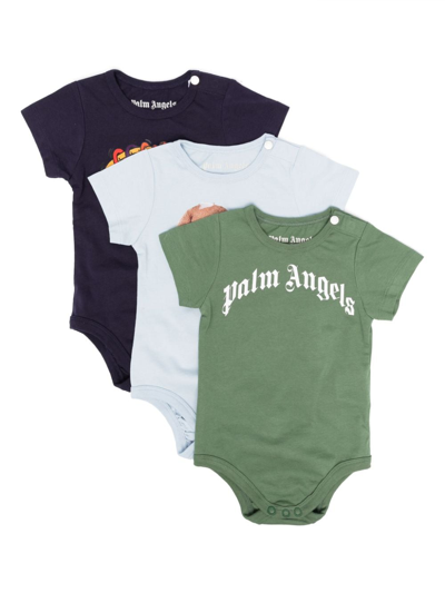 Palm Angels Babies' Logo-print Cotton Body (pack Of Three) In Blue